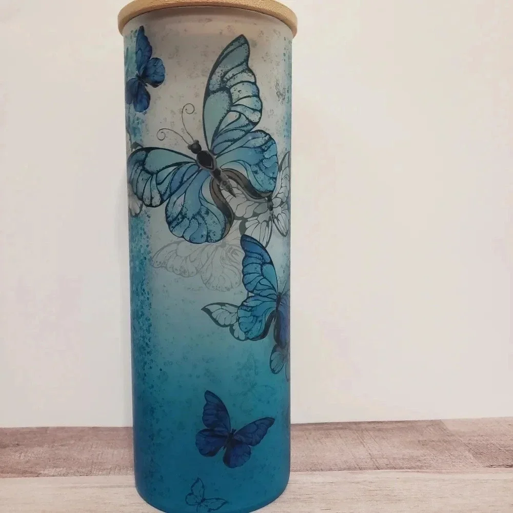 Butterfly leopard print ombre‎ frosted glass tumbler with lid and straw